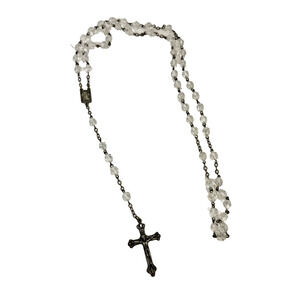 Vintage Clear Faceted Bead Rosary Necklace Crucifix Marian Center Medal Silver
